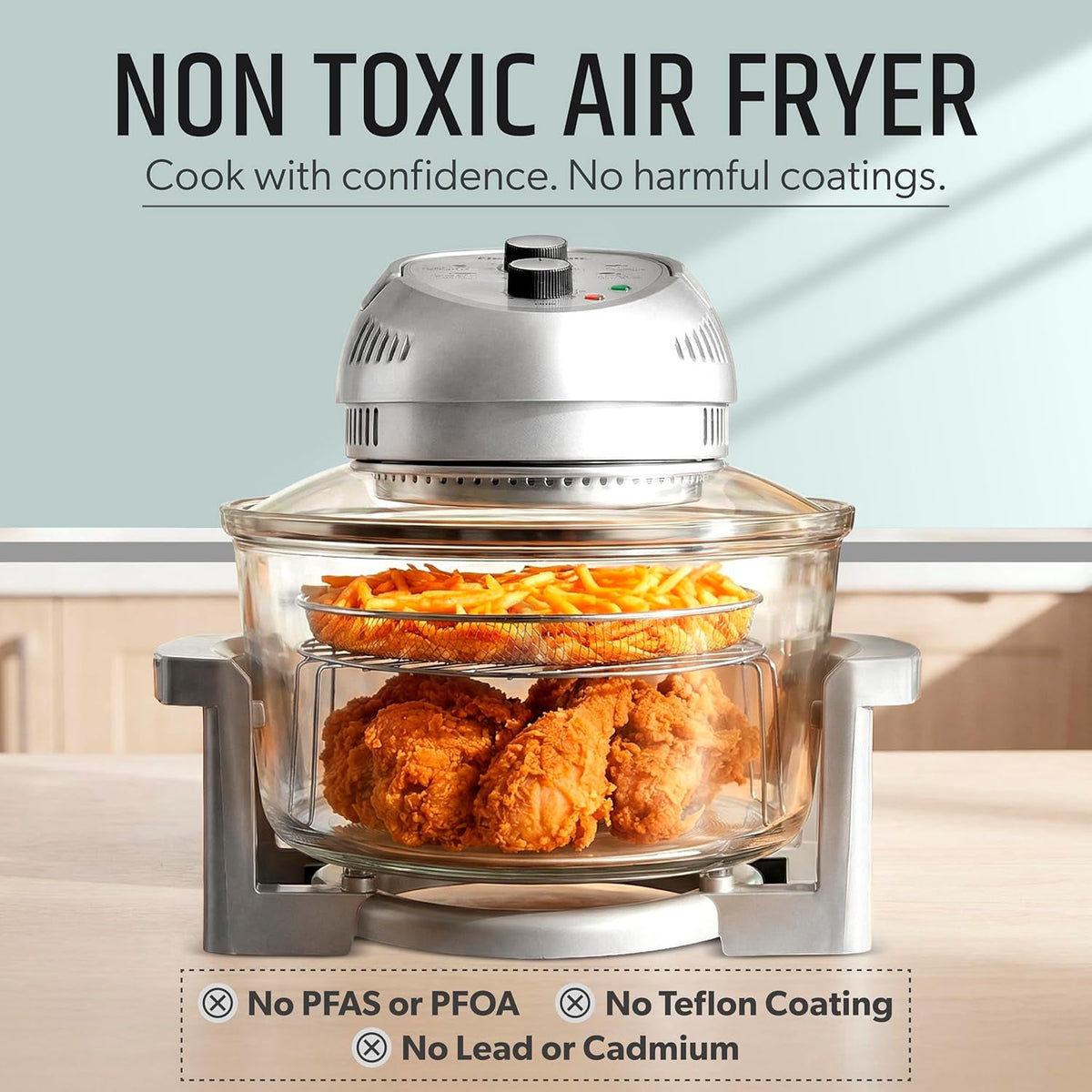Granitestone 16Qt Large Glass Air Fryer Non Toxic – Family Sized Airfryer Cooker with 3 Cooking Levels, Stainless Steel Racks, Chicken, No Preheat, Self Cleaning, Dishwasher Safe, White
