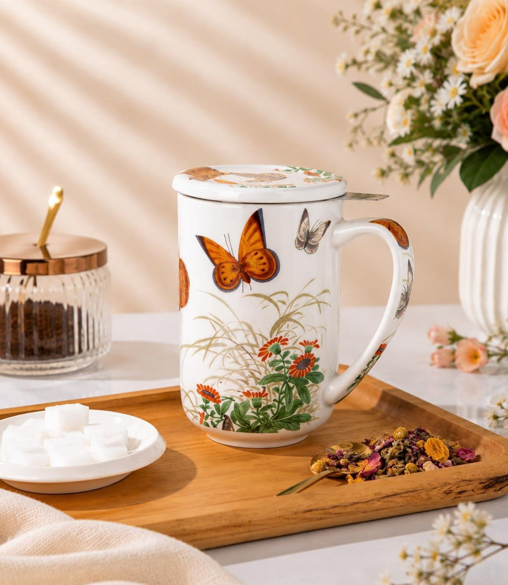 AmorArc Porcelain Tea Mug with Infuser and Lids, 18 Oz Cup Strainer Bag Holder for Loose Leaf Tea, Steeping Coffee Well-wrapped Box House-warming Wedding Birthday Gift, YelloRed