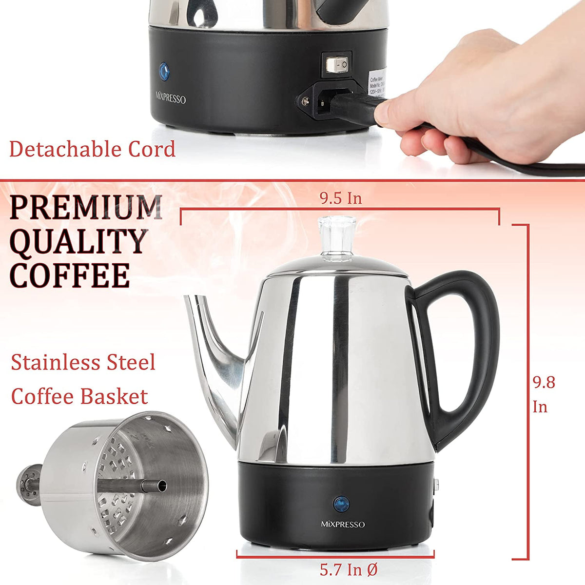 Mixpresso Percolator Coffee Pot Electric 10 Cup, Stainless Steel Coffee Maker, Coffee Percolator Electric With Keep Warm Function, 10 Cups Stainless Steel Perculator With Basket (Shiny Blue)