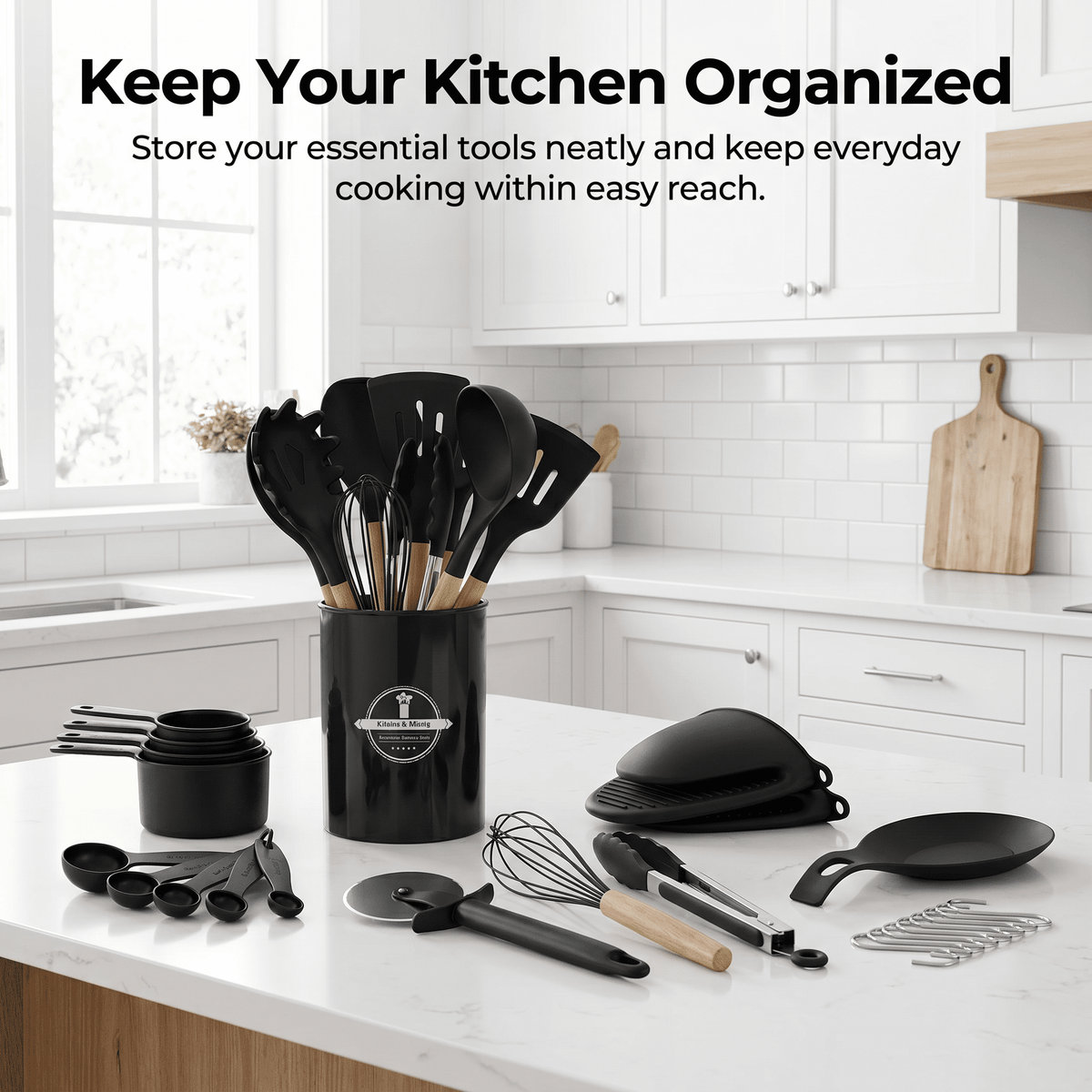 NULAS Kitchen Utensils Set, 37 pcs Non-Stick Silicone Cooking Kitchen Utensils Spatula Set with Holder,446℉ Heat Resistant,Wood Handle Kitchen Gadgets,Black