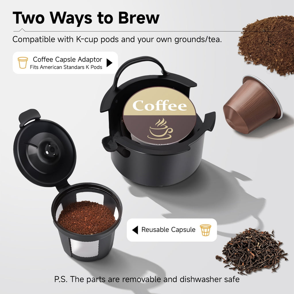 MINI Single Serve Coffee Maker,Instant Coffee Maker One Cup for K Cup & Ground Coffee,Portable Capsule Coffee Machine with 6 to 14oz Reservoir,90 Seconds Fast Brewing and One Button Operation