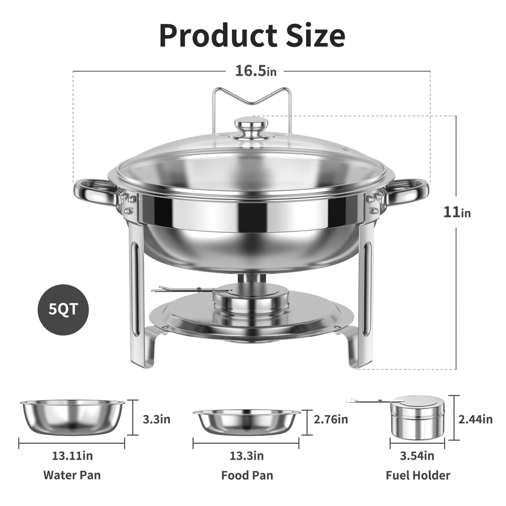Chafing Dish Buffet Set 4 Pack: TINANA 5QT Stainless Steel Chafing Dishes for Buffet with Glass Lid & Lid Holder, Round Chafers and Buffet Warmers Sets for Parties, Events, Wedding, Camping, Dinner