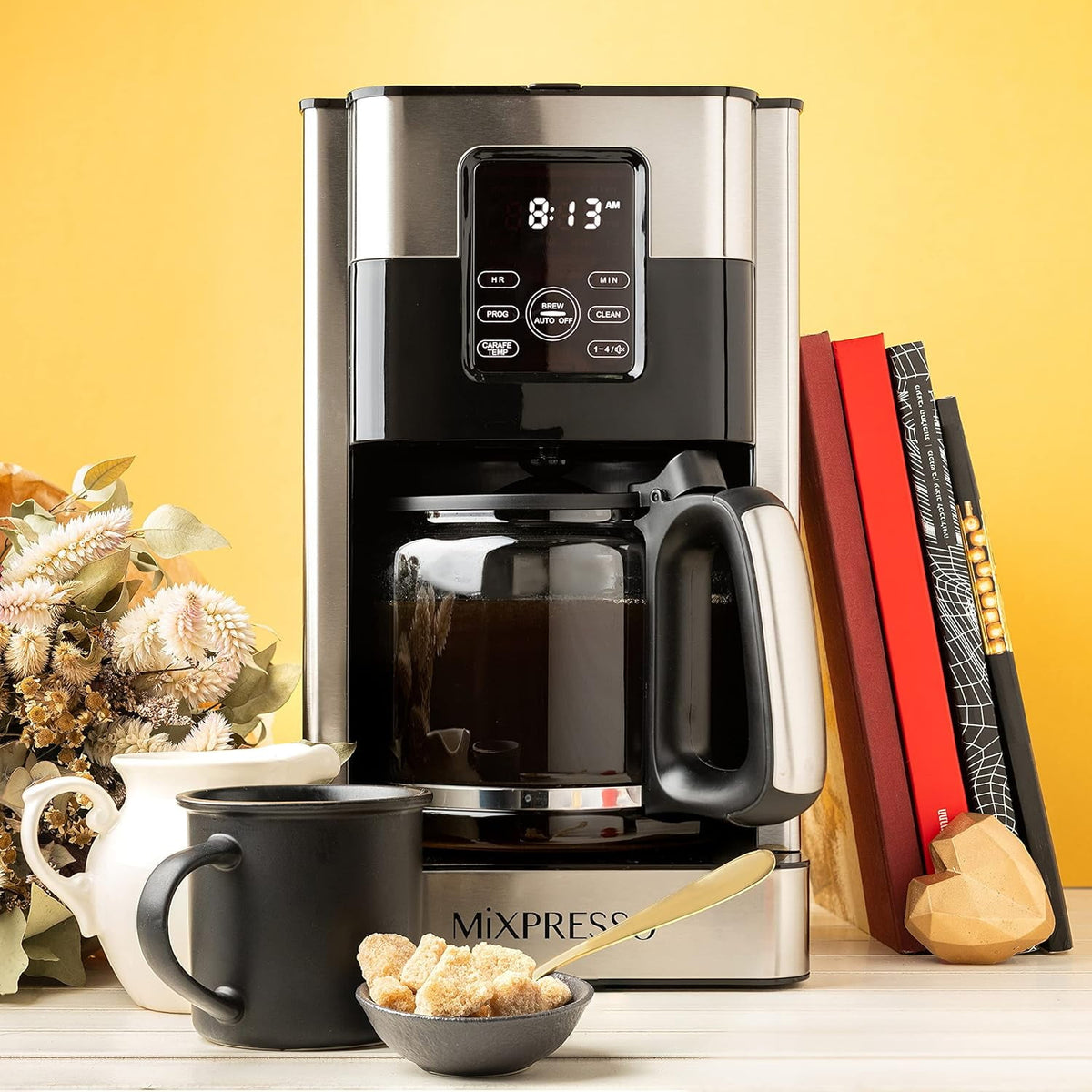 Mixpresso 12 Cup Coffee Pot, Auto-Off & Reusable Filter, Large Drip Coffee Maker 12 Cup Borosilicate Glass Carafe, Anti-Drip Coffee Machine Water Level Window, Black Electric Coffee Maker