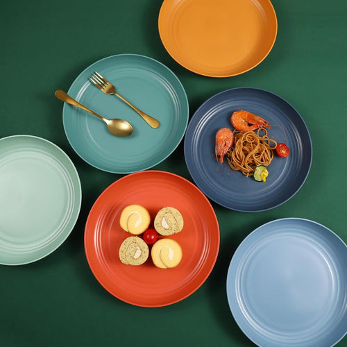 10 Inch Wheat Straw Plates, 12 Pcs Unbreakable Dinner Set, BPA Free, Microwave & Dishwasher Safe, Eco-Friendly, 6 Colors, Lightweight