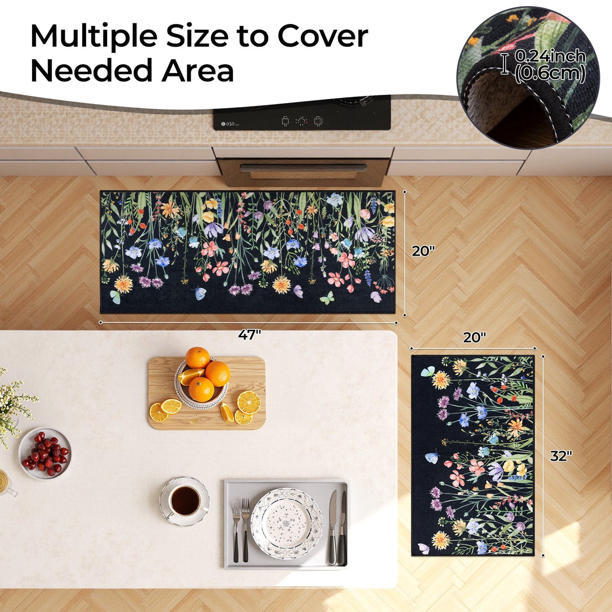 Findosom Floral Non-Slip Kitchen Rugs Set of 3,Washable Kitchen Mat Farmhouse Kitchen Floor Mats Runner for Home Sink Entrance Laundry Hallway,20"x32"+20"x47"+20"x59" Beige