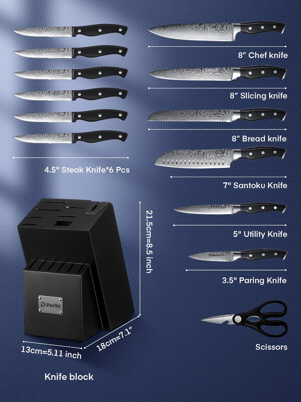 D.Perlla Knife Set, 14 Pcs Kitchen Knives Set with Built-in Sharpener, German Stainless Steel Knife Sets with Block