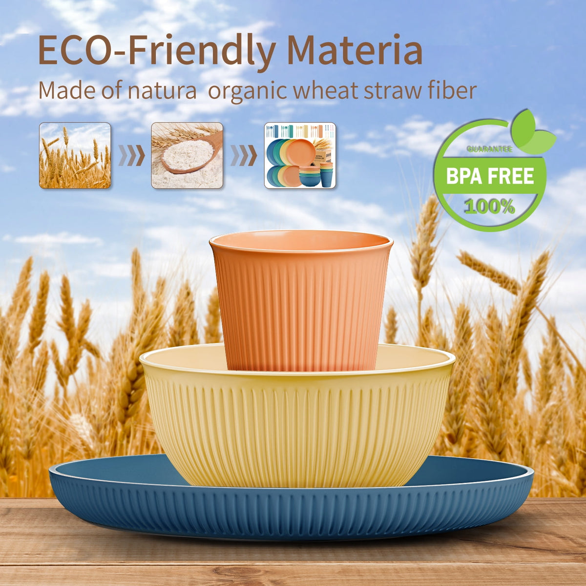 TINANA Wheat Straw Dinnerware Set, Service for 4, 48 PCS Unbreakable Plastic Plates and Bowls Sets, Dishwasher Microwave Safe, Black