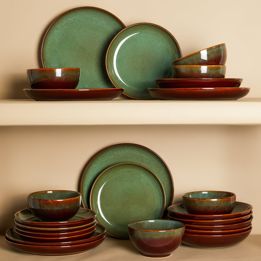 Pokini 12-Piece Stoneware Dinnerware Sets, Plates and Bowls Dish Sets for 4, Brown Green