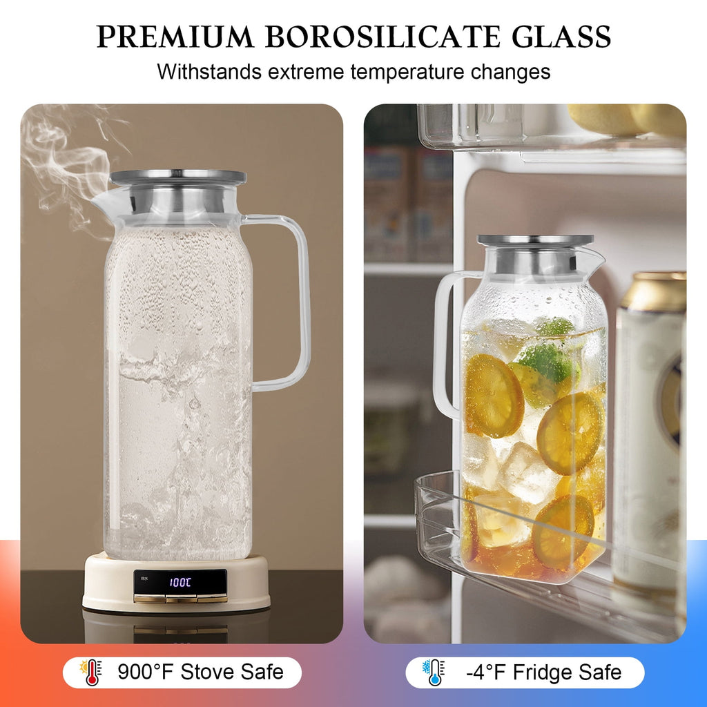 Soulgenix 2L Glass Pitcher, Square Glass Carafe with Stainless Steel Lid, 68 oz Carafe for Water, Juice, Iced Tea, Coffee