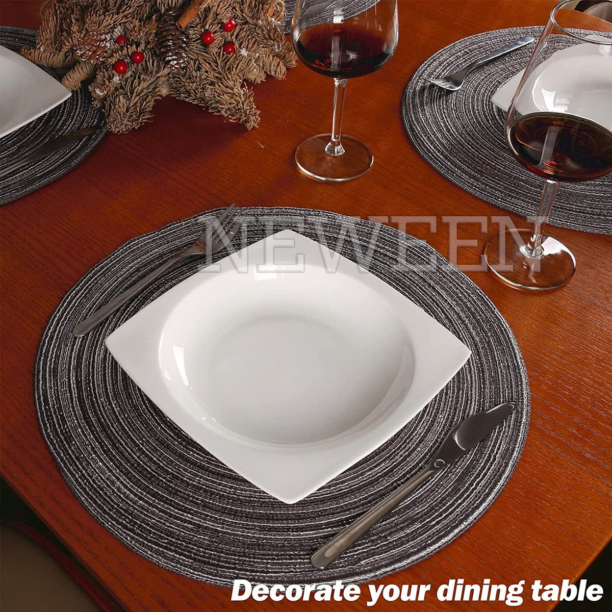 NEWEEN 15" Round Placemats Set of 6 Braided Fabric Heat Resistant Washable Table Mat for Kitchen for Kitchen Party Decor