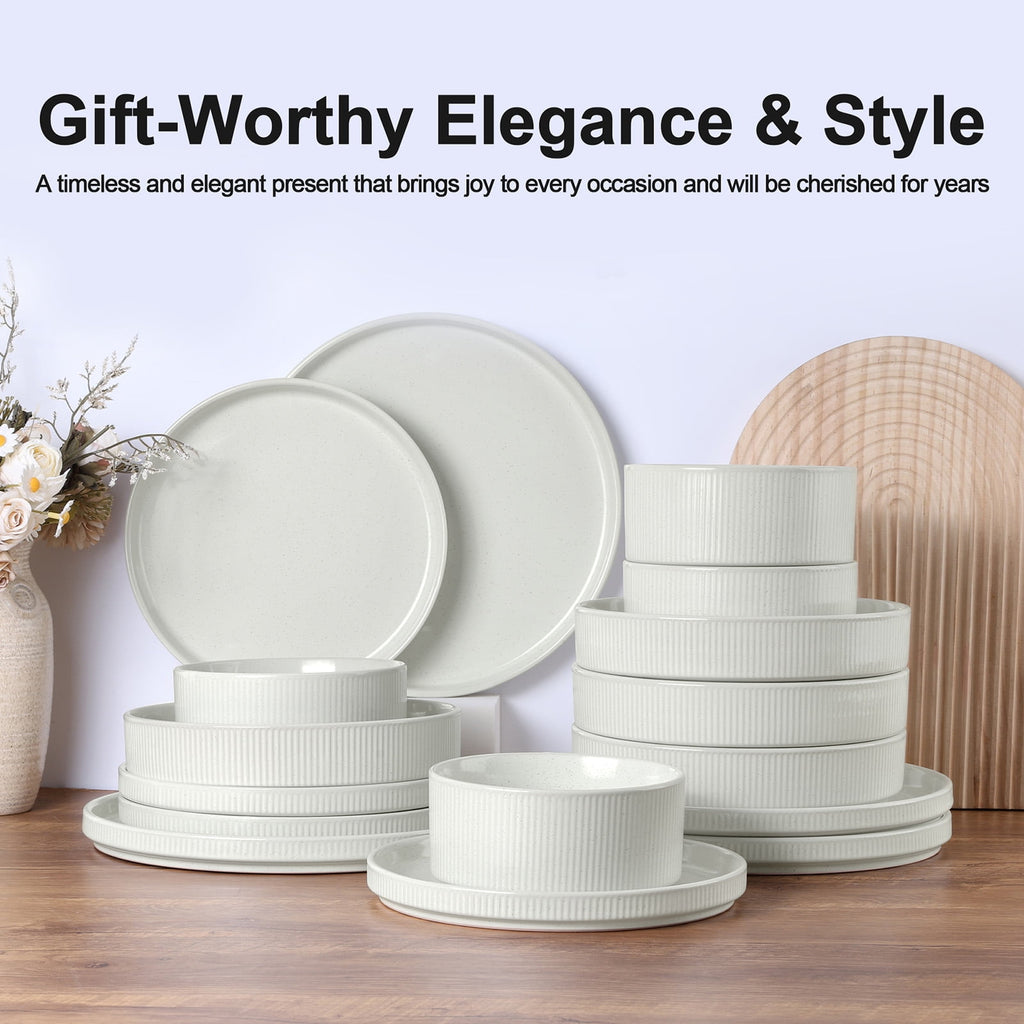Vesteel 12 Pieces Dinnerware Set for 4, Premium Stoneware Ribbed Dishes, Chip & Scratch Resistant Plates and Bowls Set for Home Restaurant, Microwave and Dishwasher Safe - Speckled White