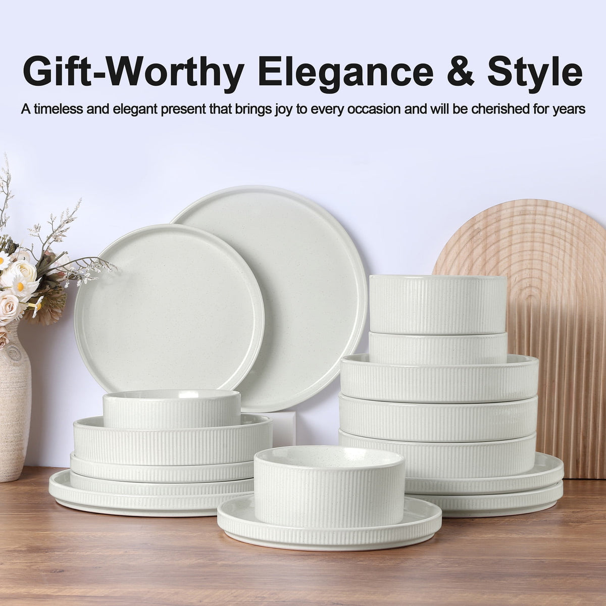 Vesteel 12 Pieces Dinnerware Set for 4, Premium Stoneware Ribbed Dishes, Chip & Scratch Resistant Plates and Bowls Set for Home Restaurant, Microwave and Dishwasher Safe - Speckled White