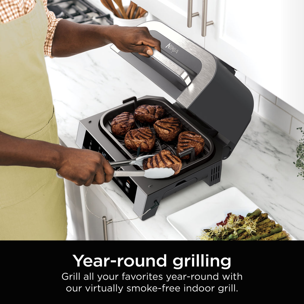 Ninja Foodi Smart XL 6-in-1 Indoor Grill with Air Fry, Roast, Bake, Broil, & Dehydrate, Foodi Smart Thermometer, 2nd Generation, Black/Silver DG551