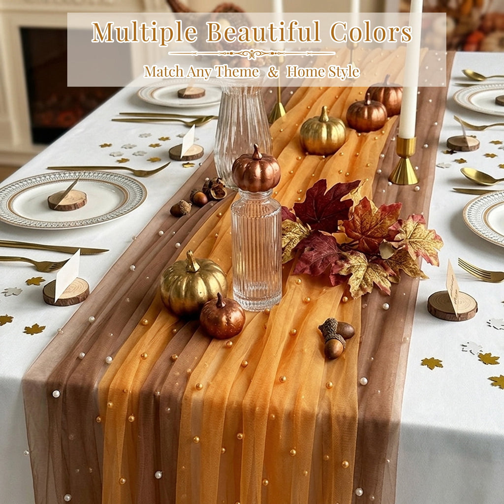 Inosoo Pearl Gauze Table Runner 30x120 inch, 10FT Sheer Tulle Table Decor with Shatterproof Pearls for Wedding Party Dining, White