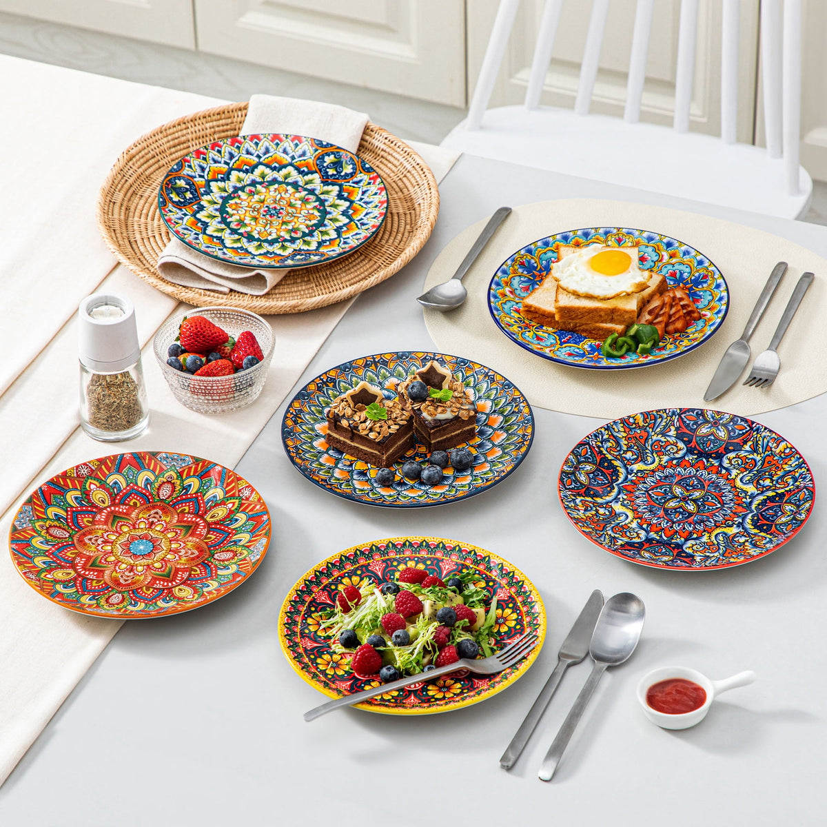 Vancasso Dinner Plates Set of 6, 8.5" Ceramic Dessert Plates, Dinnerware Dishes Set for Salad, Snack, Cake, Microwave & Dishwasher Safe, Bohemian Style, Series LUMI