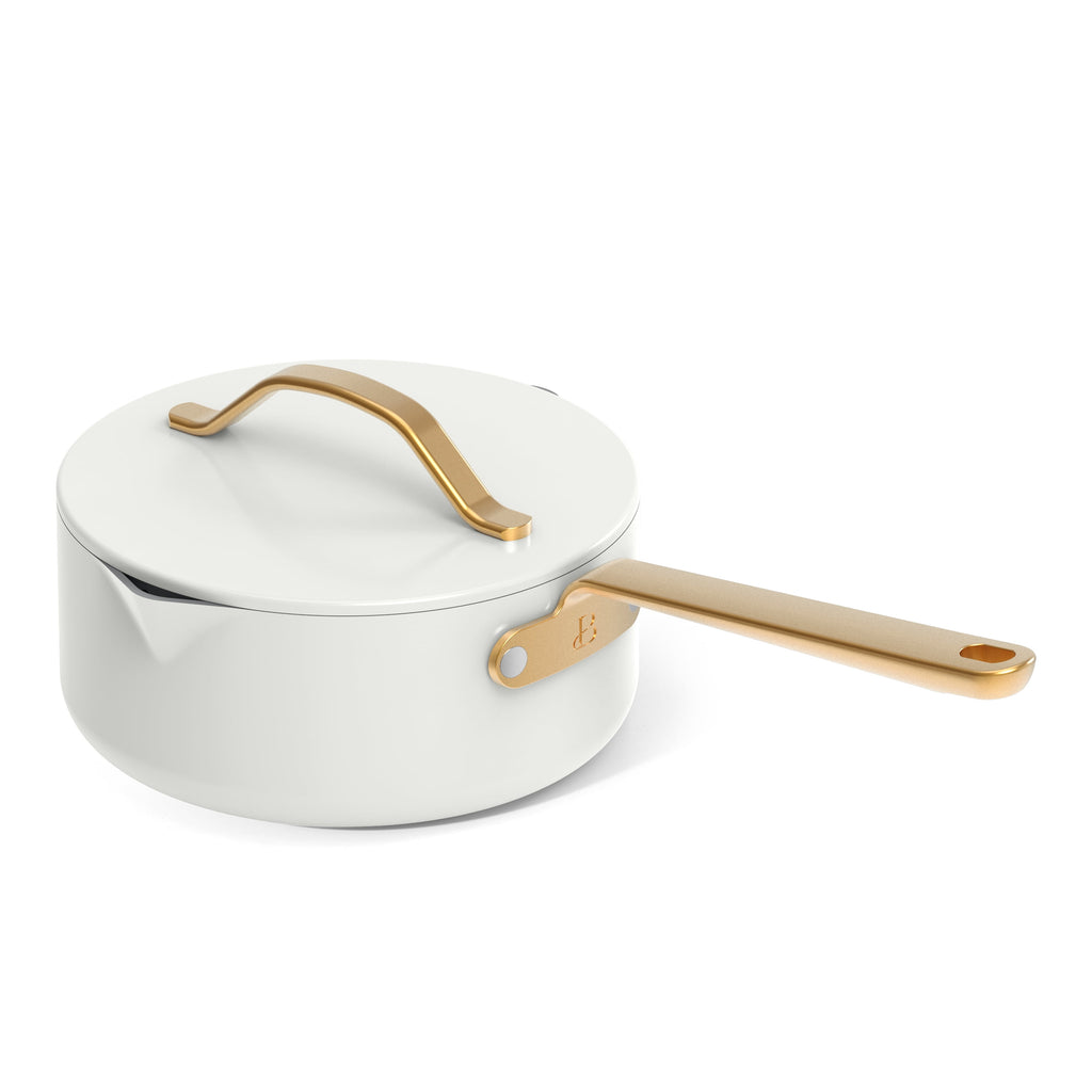 Beautiful 12-Piece Cookware Set, Pots and Pans with Strainer Lids and EverGood Ceramic Nonstick Coating, White Icing by Drew Barrymore