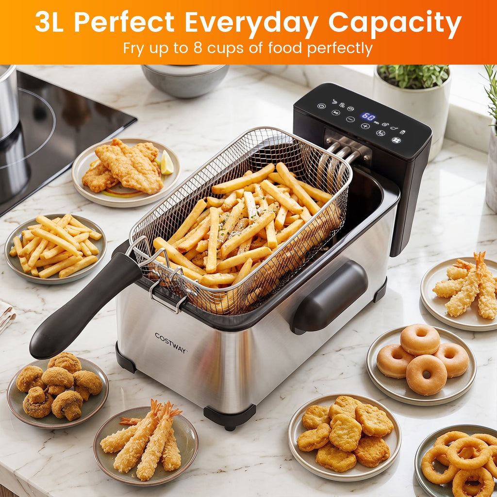 Costway Electric Deep Fryer 3.2 QT/12-Cup Stainless Steel 1700W with Frying Basket Silver