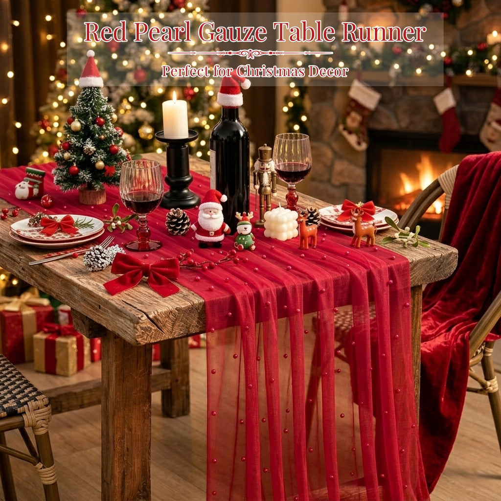 Inosoo Pearl Gauze Table Runner 30x120 inch, 10FT Sheer Tulle Table Decor with Shatterproof Pearls for Wedding Party Dining, White