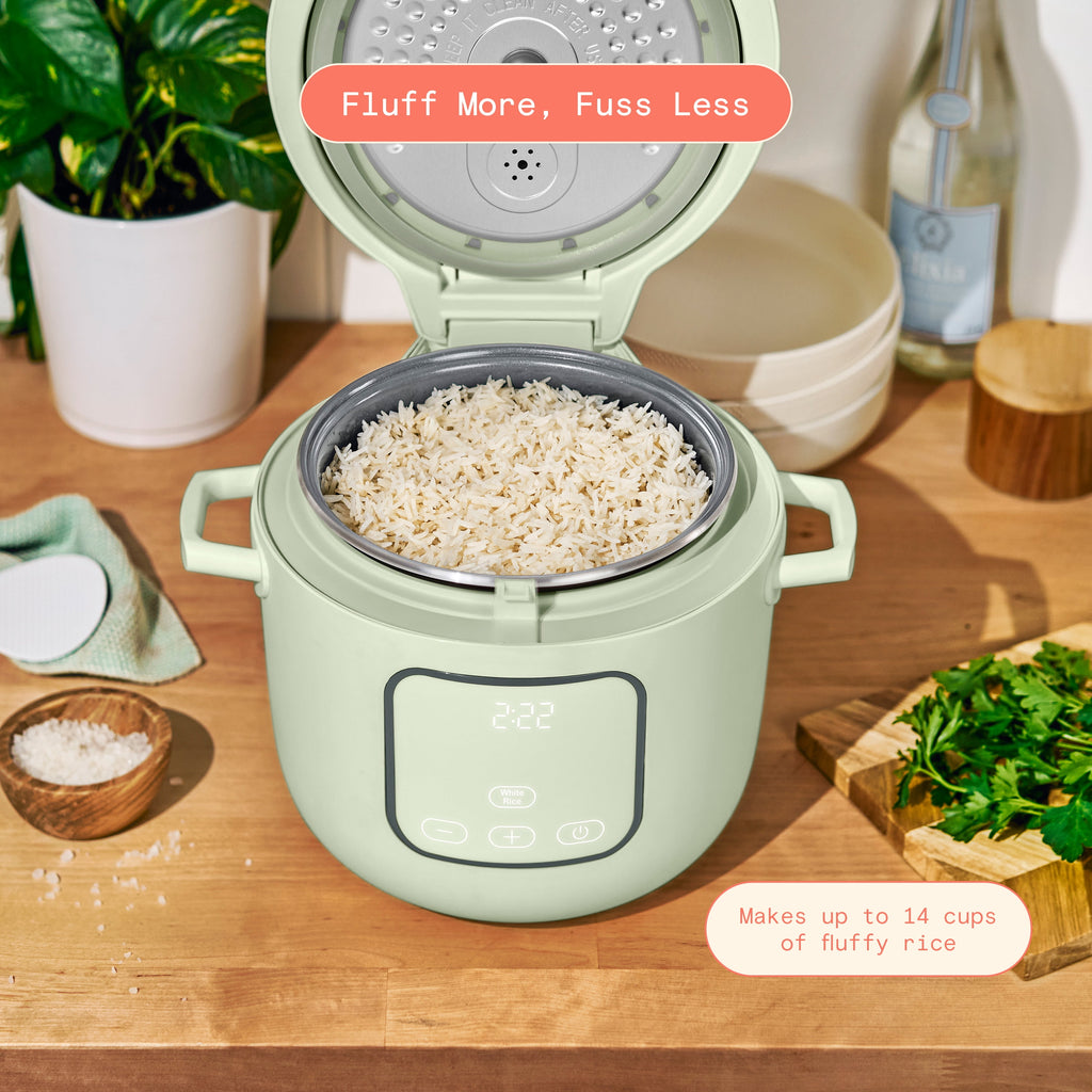 Beautiful 14-Cup Cooked, 6-Cups Uncooked Electric Rice and Grain Cooker, EverGood Ceramic Nonstick Coating, Thyme Green by Drew Barrymore