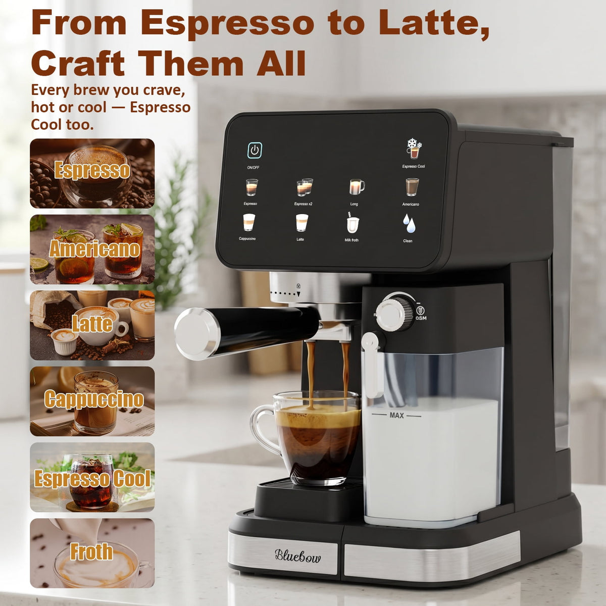 Bluebow Espresso Machine with Color Touchscreen, 20 Bar Espresso Maker with Automatic Milk Frother, Coffee Maker for Home - Cold Brew Cappuccino Latte Americano, 1350W