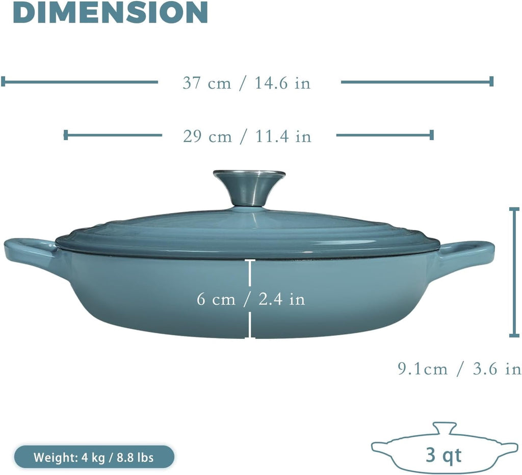 Flavehc Braiser Enameled Cast Iron Braiser 3 qt Braiser Pan with Lid Purple Shallow Cast Iron Casserole Braiser Pan with Handels