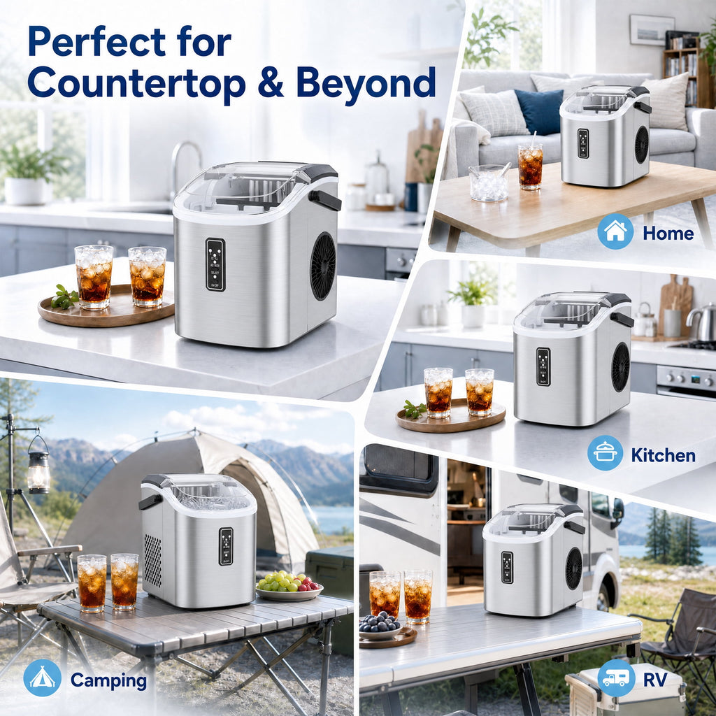 Snowyermine Countertop Ice Maker with Handle, 26 lbs/24H Portable Ice Machine, 2 Bullet Ice Sizes, 9 Cubes in 6 Minutes, Self-Cleaning for Home, Bar, RV and Camping