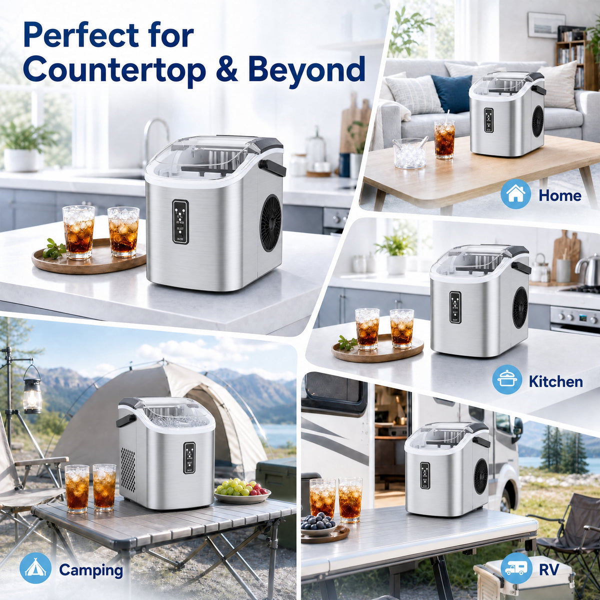Snowyermine Countertop Ice Maker with Handle, 26 lbs/24H Portable Ice Machine, 2 Bullet Ice Sizes, 9 Cubes in 6 Minutes, Self-Cleaning for Home, Bar, RV and Camping