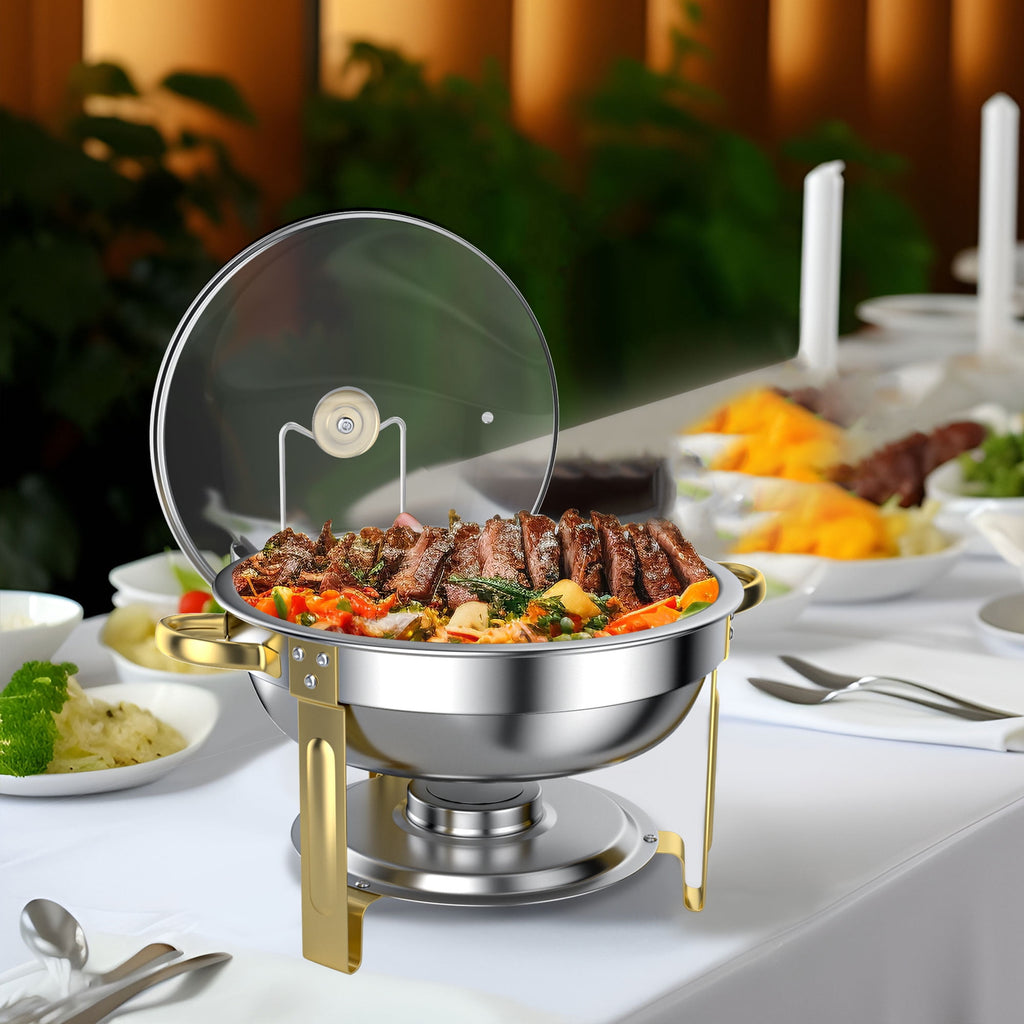 Chafing Dish Buffet Set 2 Pack: TINANA 5QT Stainless Steel Chafing Dishes for Buffet with Glass Lid & Lid Holder, Round Chafers and Buffet Warmers Sets for Parties, Events, Wedding, Camping, Dinner