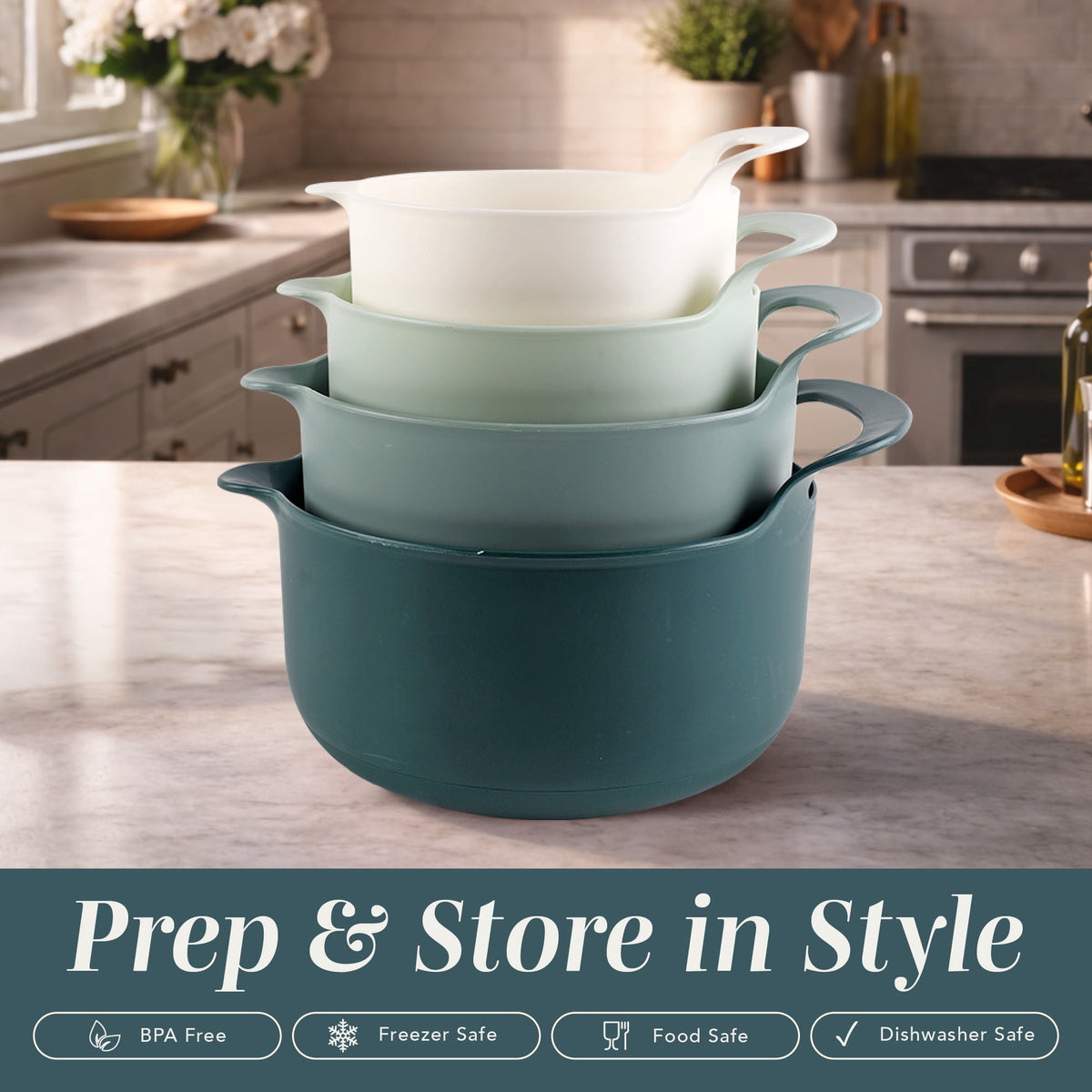 COOK WITH COLOR Mixing Bowls Set, 4-Piece Non-Slip Mixing Bowls with Pour Spouts & Handles, Black Speckled
