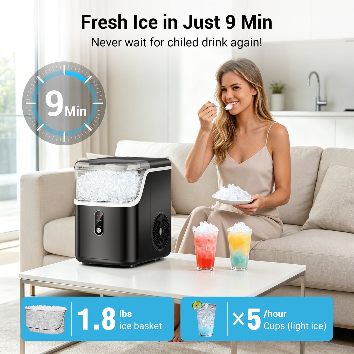 Snowyermine Nugget Ice Maker Countertop, 35 lbs per Day, Soft, Chewable Sonic-Style Pebble Ice, One-Touch Self-Cleaning, Stainless Steel, Black, for Home, Kitchen, Office, RV and Camping