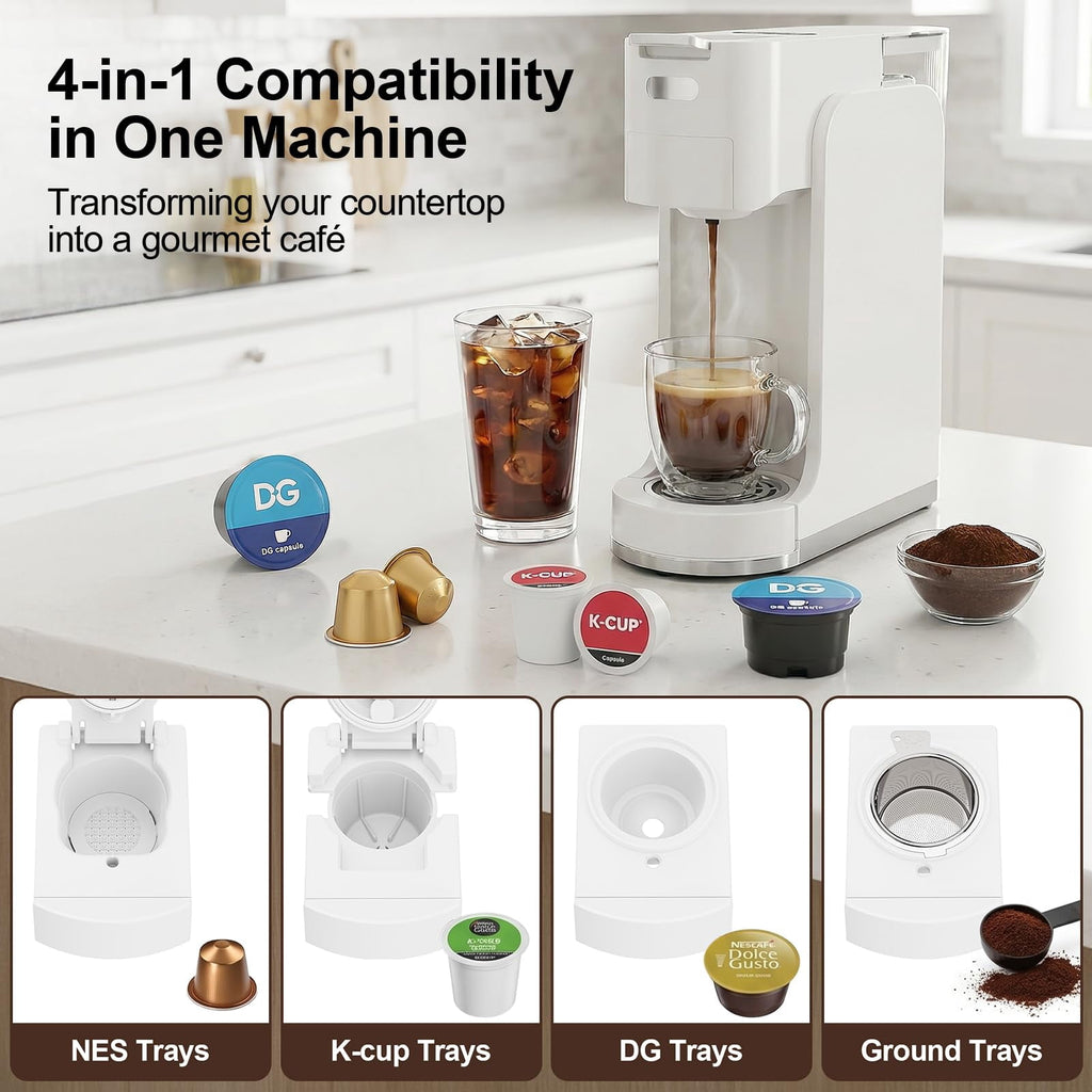 GVODE 4-in-1 Single Serve Coffee Maker, 3-Second Heat-Up, 20 Bar Hot and Iced Espresso Machine, White