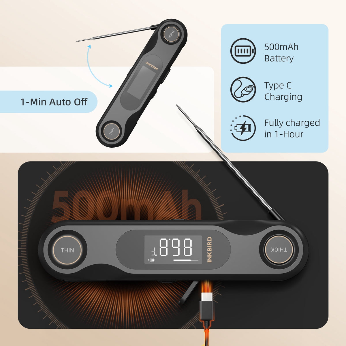 INKBIRD Meat Thermometer with Stainless Steel Probe and LCD Display, Foldable Probe Instant Read Waterproof Digital Food Thermometer , -58°F to 572°F