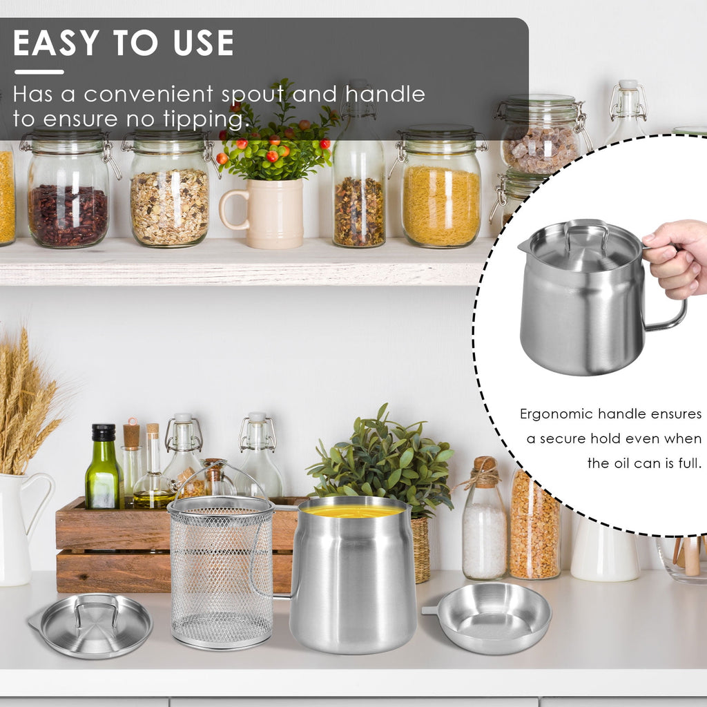 68oz Oil Strainer Pot 304 Stainless Steel Oil Grease Container Can with Filter Lid and Frying Basket Oil Container Can for Storing Frying Cooking Grease