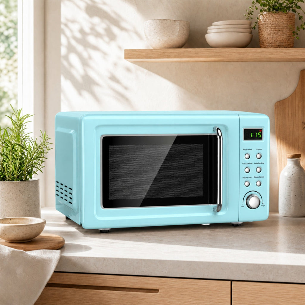 Costway 0.7 Cu.ft Retro Countertop Microwave Oven 700W LED Display Glass Turntable Rose Gold