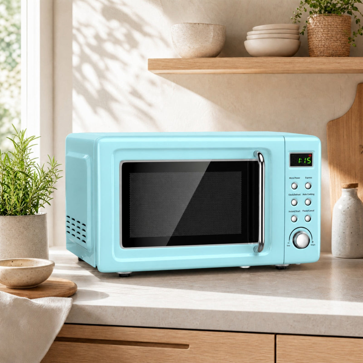 Costway 0.7 Cu.ft Retro Countertop Microwave Oven 700W LED Display Glass Turntable Rose Gold