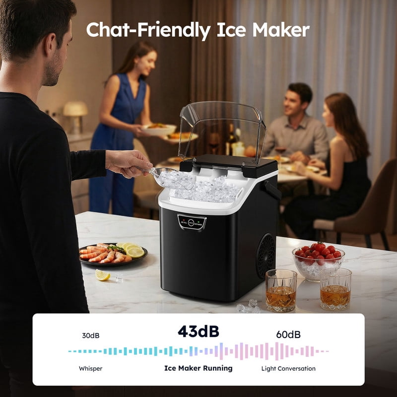 SIMZLIFE Countertop Nugget Ice Maker 33Lbs/24H, 5-Min Ice Cycle, Self-Cleaning, Portable Ice Machine with Basket & Scoop, Black