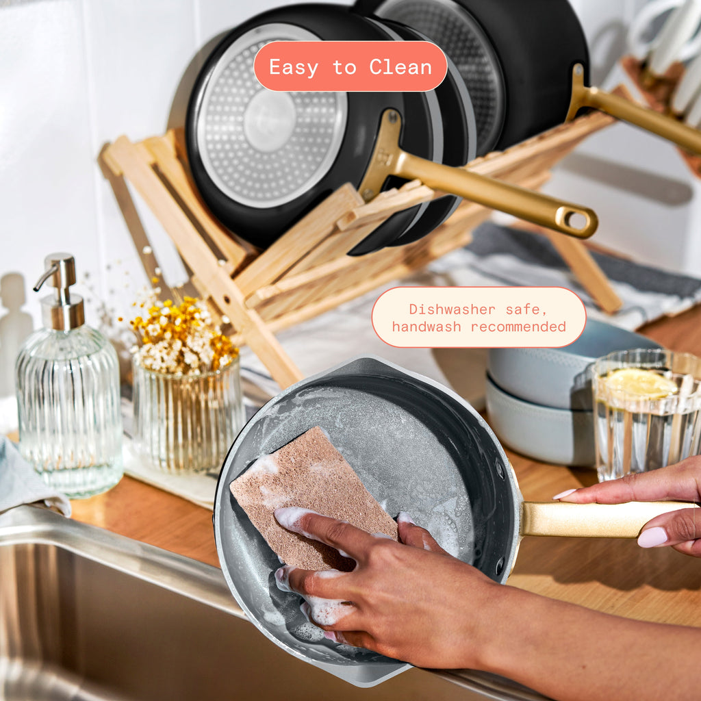 Beautiful 12-Piece Cookware Set, Pots and Pans with Strainer Lids and EverGood Ceramic Nonstick Coating, White Icing by Drew Barrymore