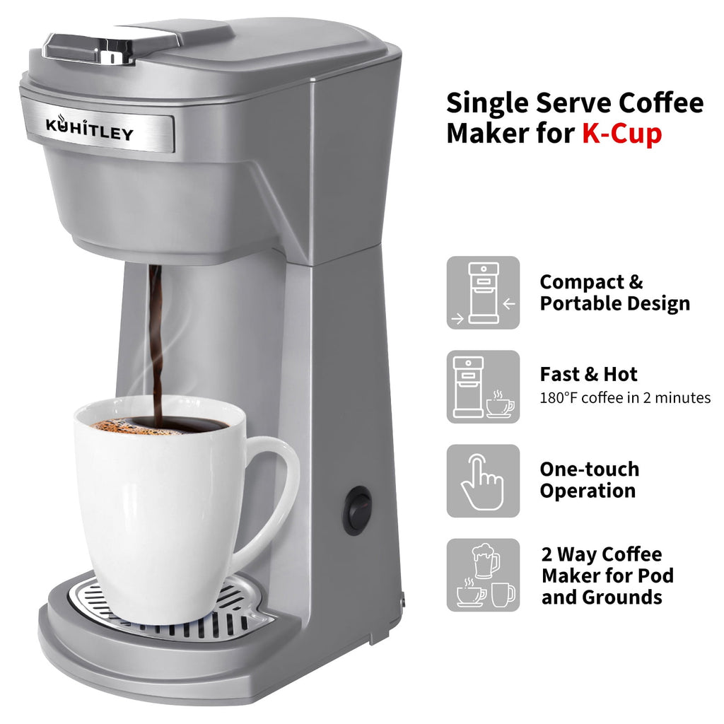 2 in 1 Single Serve Coffee Maker for K Cup Pods & Ground Coffee, Mini K Cup Coffee Machine with 6 to 14 oz Brew Sizes, Single Cup Coffee Brewer with One-Press Fast Brewing, Reusable Filters,Black