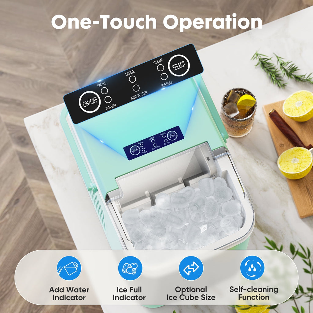 EDX Countertop Ice Maker, Self-Cleaning Portable Ice Maker Machine with Handle and Ice Scoop, Bullet Ice Cubes, 9Pcs/6Min 26.5Lbs/24H for Home/Kitchen/Bar/Party, Green