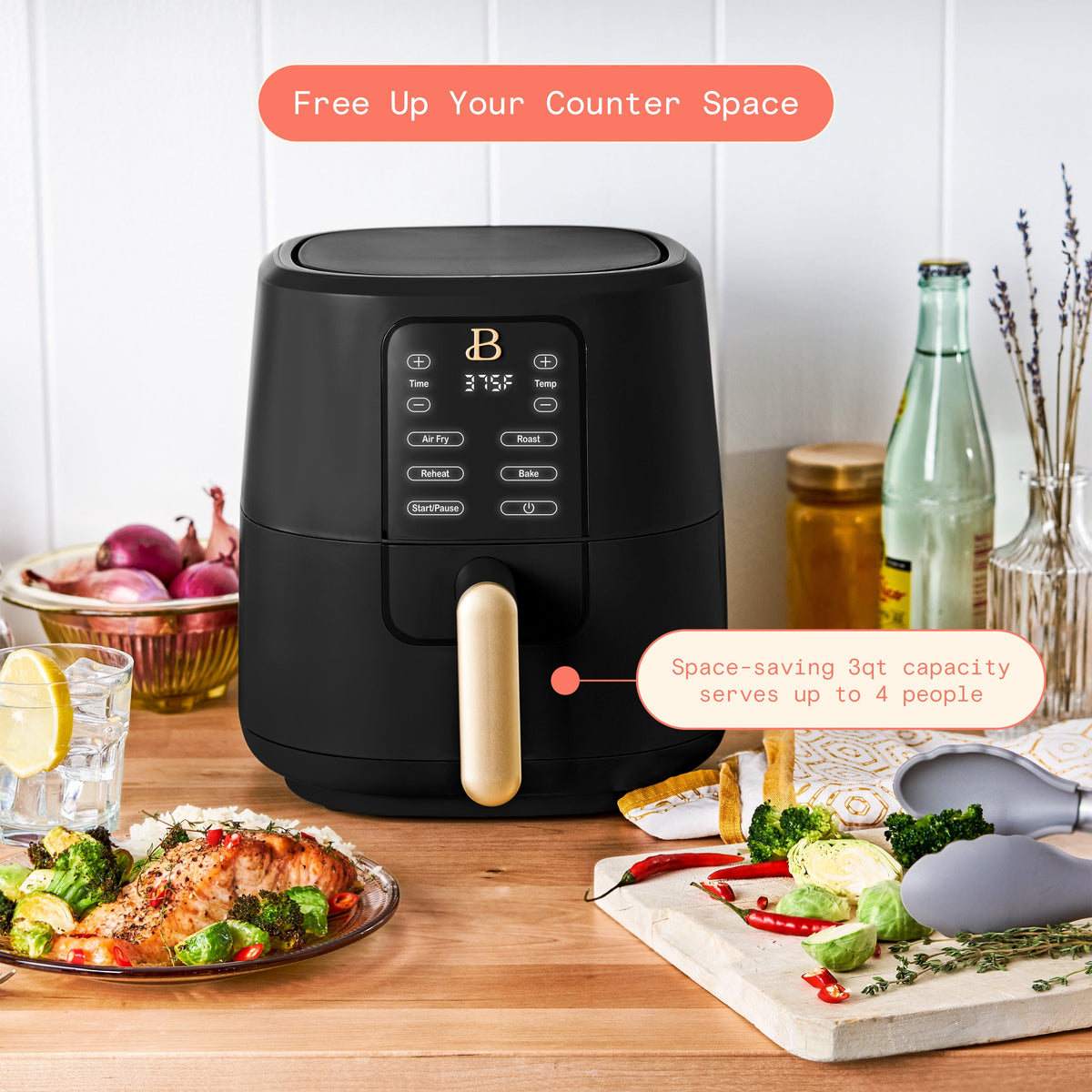 Beautiful 3 Qt Air Fryer with TurboCrisp Technology, EverGood Non-Toxic Ceramic Nonstick Coating, Chocolate by Drew Barrymore