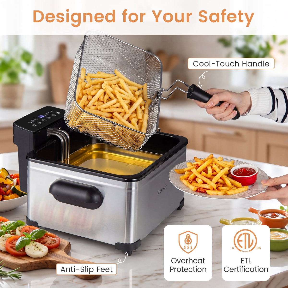 Costway Electric Deep Fryer 5.3 QT/21-Cup Stainless Steel 1700W with Triple Basket Silver