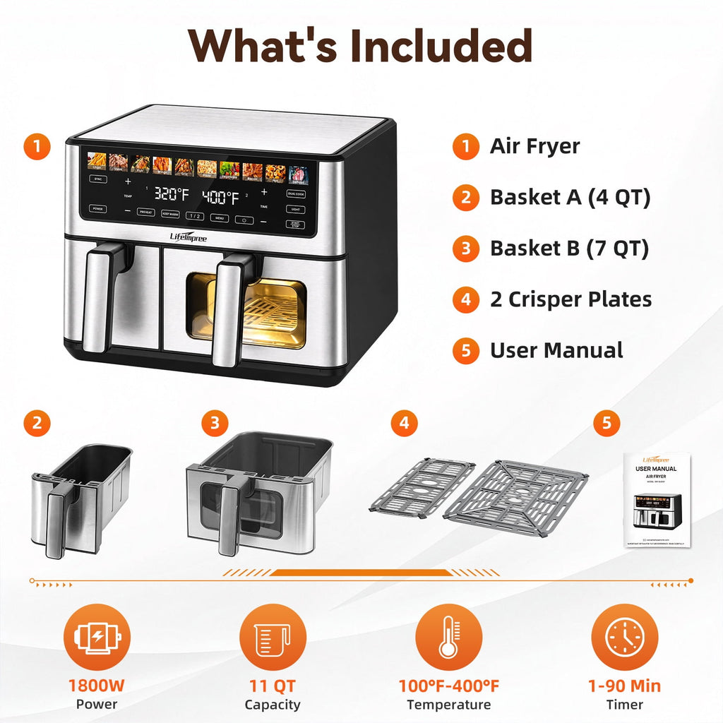 LifeImpree 11 QT Dual Basket Air Fryer with Viewing Window, 1800W Digital Air Fryer, Sync Finish & Dual Cook, 12 One-Touch Presets, 100°F–400°F