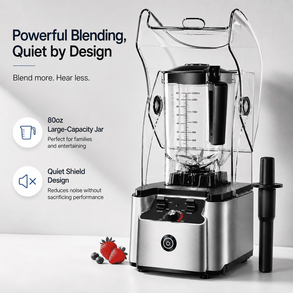WantJoin Blender-Commercial Blender with Soundproof Shield, Enclosure 2200W ,Quiet Professional-Grade Power,Self-Cleaning,Gray