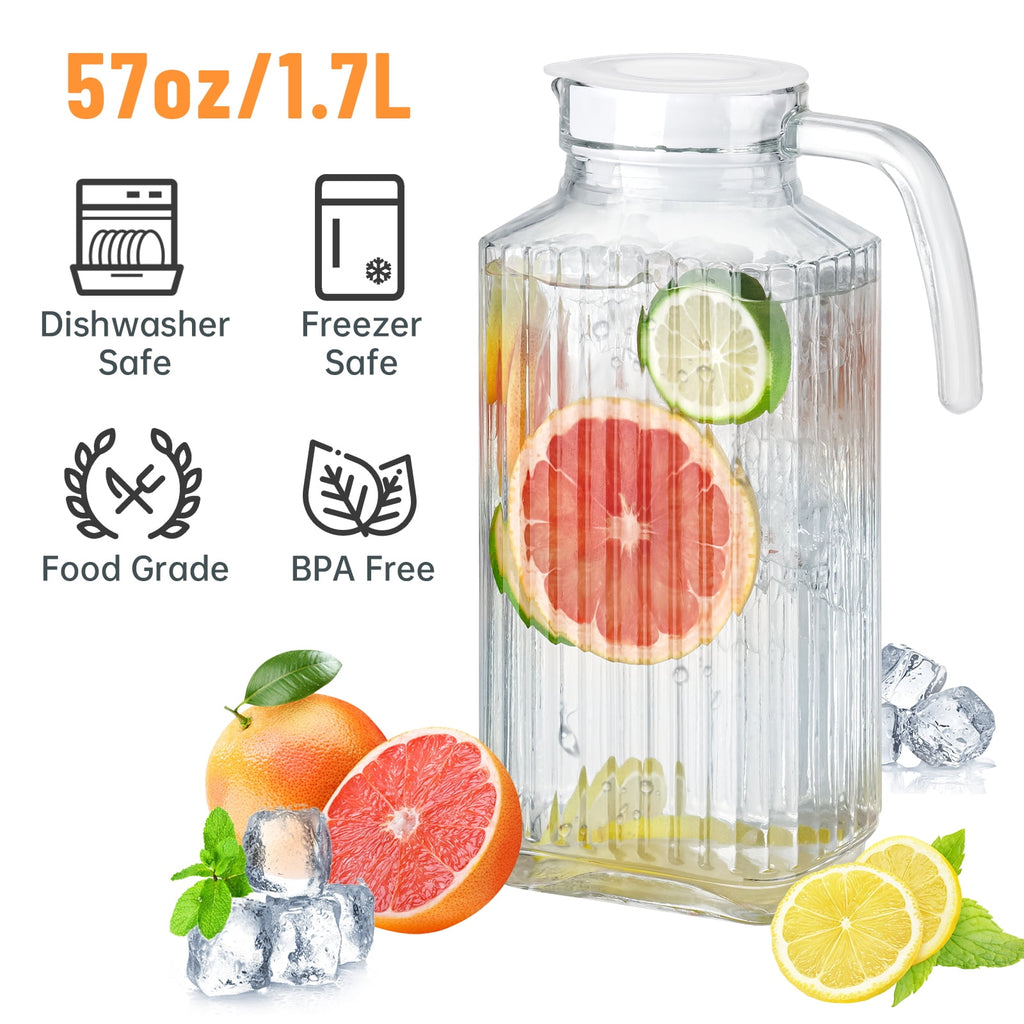NiHome Glass Pitchers with Lids, 57oz Glass Water Fridge Pitcher for Drinks, Glass Water Jug with Lid & Brush, Beverage Serveware & Storage Container for Lemonade, Iced Tea, Milk, Coffee(2PCS Clear)