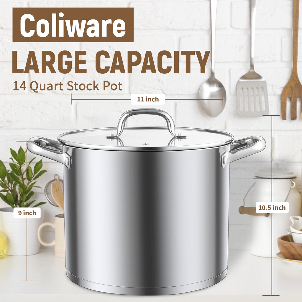 Coliware Large Stock Pot, 12 QT Trip-Ply Bottom Stainless Steel Cooking Pot with Tempered Glass Lid, Soup Pasta Cookware Compatible with Gas Induction Electric Stoves, Ollas de Cocina