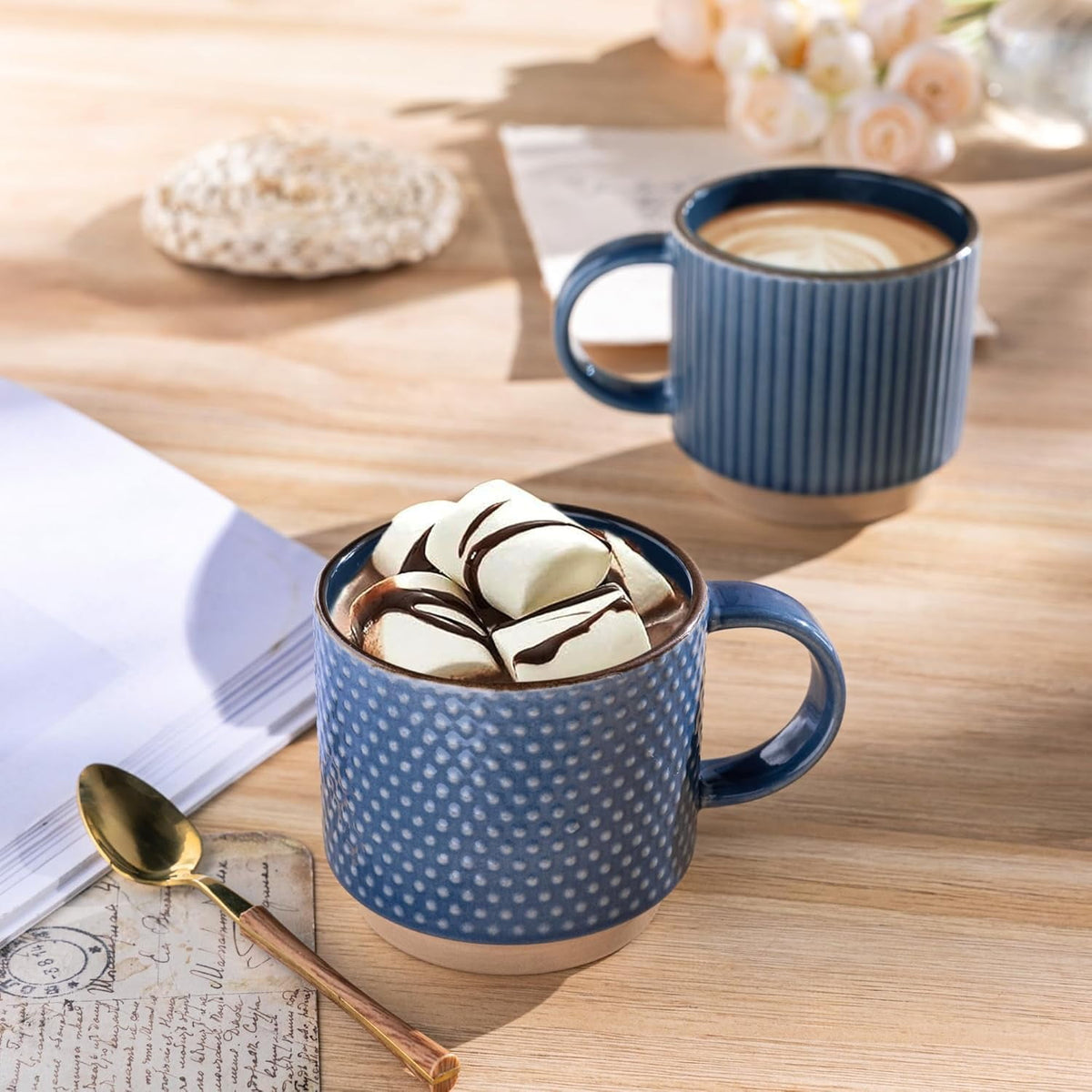 AmorArc 12OZ Stackable Ceramic Coffee Mugs with Texture Patterns, Modern Mug Set of 4 for Latte, Cappuccino and Cocoa, Dishwasher & Microwave Safe, off-white