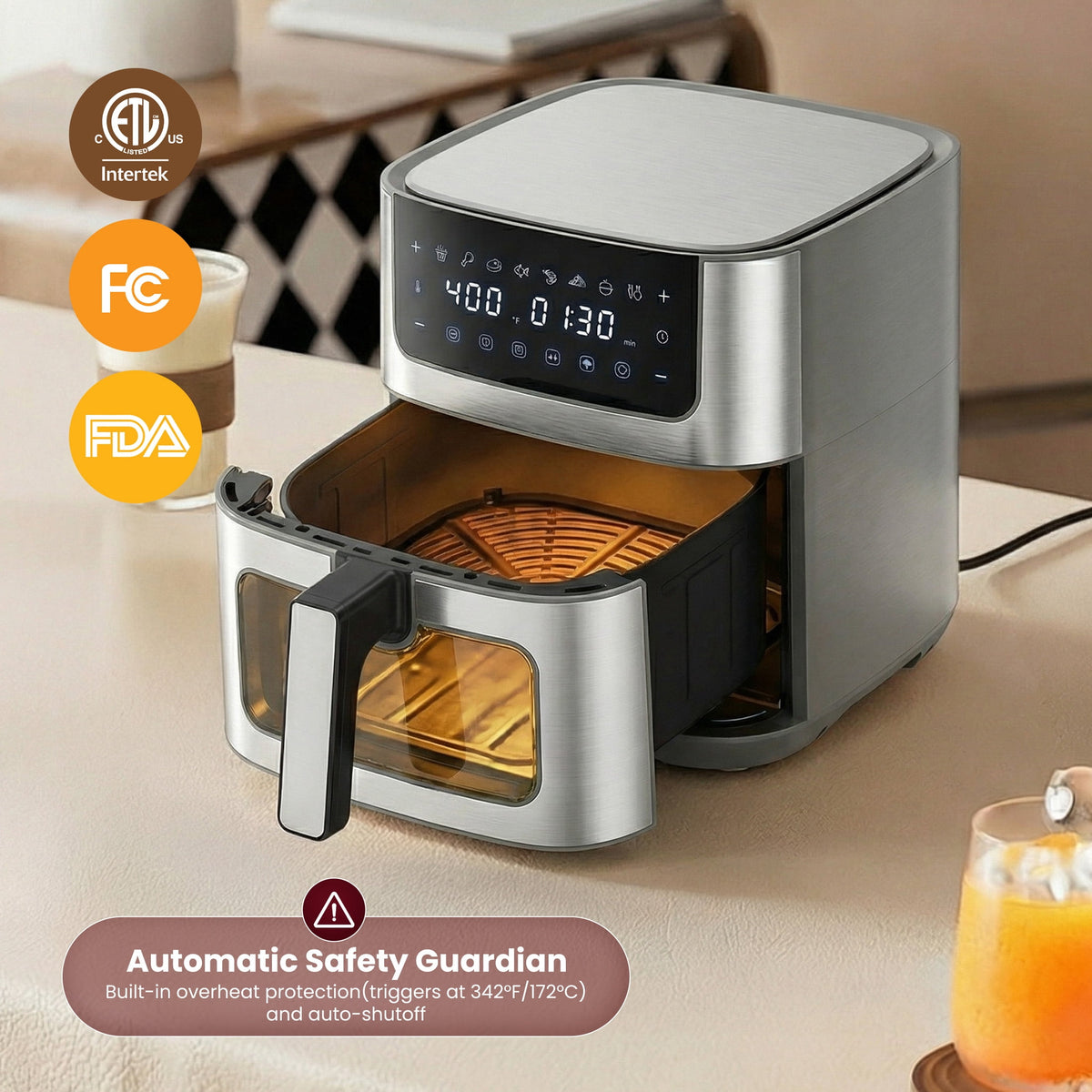 EDX 6QT Stainless Steel Air Fryer with Digital Touchscreen, 1500W, 8 Presets, Dishwasher Safe Basket, 90 Min Timer, 24H Delay Start, Gray