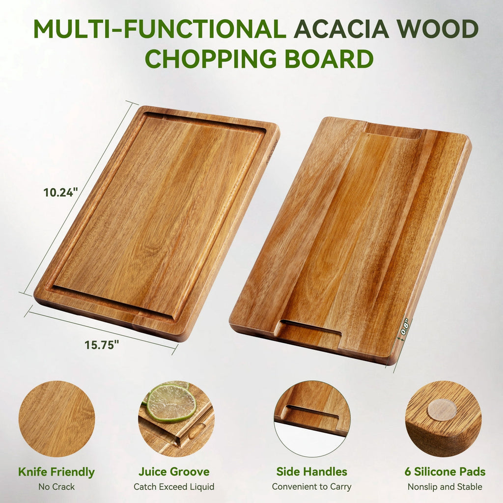 Kikcoin Acacia Wood Cutting Board, Cutting Board Set of 3 with Juice Groove, Wooden Chopping Boards for Kitchen, for Meat & Vegetables