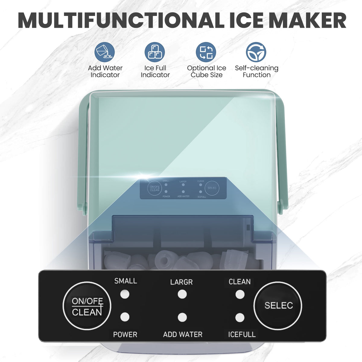 CONCETTA Portable Ice Maker Machine, 26.5 lb/Day Ice, Two Ice Sizes, Self-Cleaning Function, Bullet Ice Maker with Ice Scoop & Basket, Green