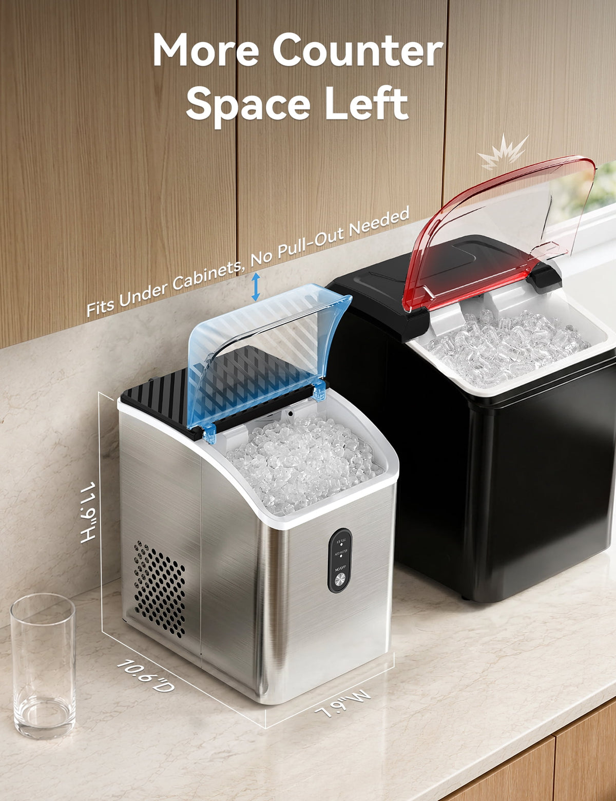 Goosiay Countertop Nugget Ice Maker, 33lbs Per Day Portable Ice Machine with Soft Chewable Pellet Ice, Stainless Steel, Silver